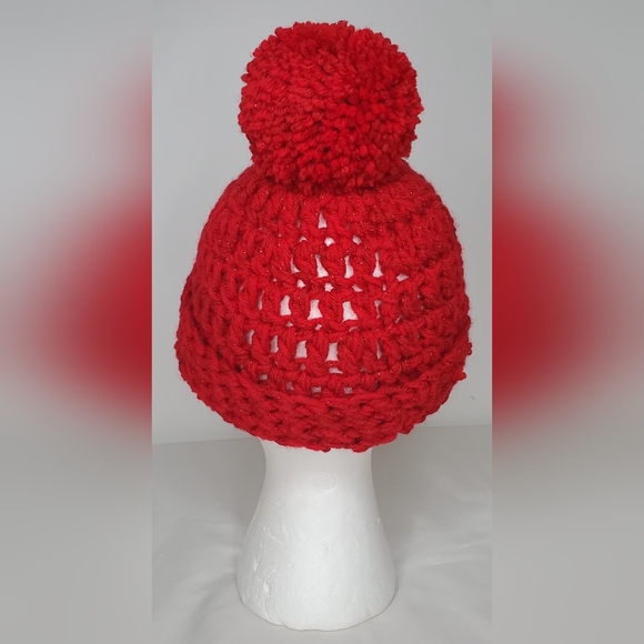 Handmade Red Crochet Beanie with Pom Pom - Picture 3 of 5